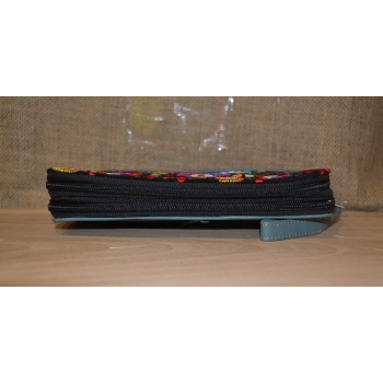 Portfel duży skórzany dwukomorowy szary z kwiatowym kolorowym haftem .